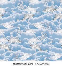 Fish in blue wave seamless pattern. Art design stock vector illustration for web, for print, for, fabric print, for wallpaper