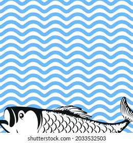 Fish and blue waves of water, fishing and sea food banner