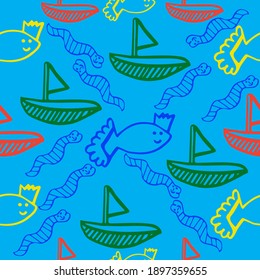fish and boat seamless vector repeat pattern