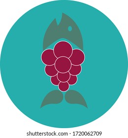 Fish with a body of grapes in a blue circle.
