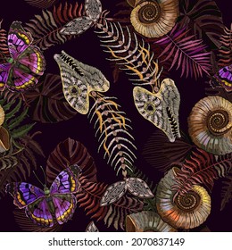 Fish bone, ammonite fossil, colorful butterfllies and palm leaves. Romantic gothic seamless pattern. Embroidery. Halloween template for clothes. Tropical forest background. Dark fairy tale concept 