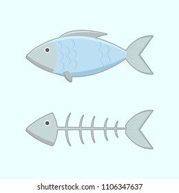 fish and fish bone cartoon object on light blue background, vector illustrator