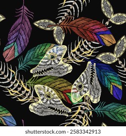 Fish bone and colorfull feathers seamless pattern. Gothic background. Dark fairy tale style. Halloween art. Fashion template for design of clothes, textile