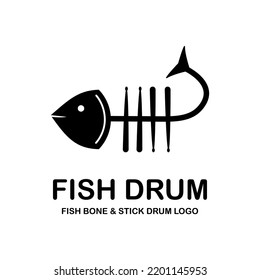 Fish bone combination with stick drum minimalism and simple black and whte logo