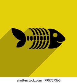 Fish bone con. Fish skeleton illustration. Vector. Flat black icon with with semitransparent shadow on citrine background.