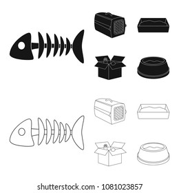 Fish bone, container for an animal, cat toilet, cat in a box. Cat set collection icons in black,outline style vector symbol stock illustration web.
