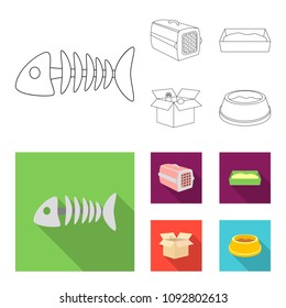 Fish bone, container for an animal, cat toilet, cat in a box. Cat set collection icons in outline,flat style vector symbol stock illustration web.