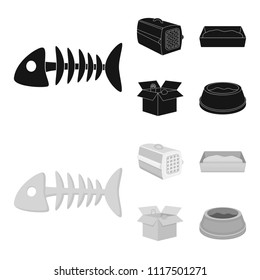 Fish bone, container for an animal, cat toilet, cat in a box. Cat set collection icons in black,monochrome style vector symbol stock illustration web.