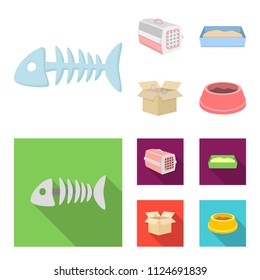 Fish bone, container for an animal, cat toilet, cat in a box. Cat set collection icons in cartoon,flat style vector symbol stock illustration web.