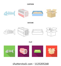 Fish bone, container for an animal, cat toilet, cat in a box. Cat set collection icons in cartoon, outline, flat style vector symbol stock illustration web.