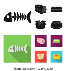 Fish bone, container for an animal, cat toilet, cat in a box. Cat set collection icons in black, flat style vector symbol stock illustration web.