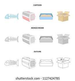 Fish bone, container for an animal, cat toilet, cat in a box. Cat set collection icons in cartoon,outline,monochrome style vector symbol stock illustration web.