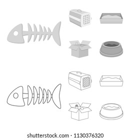 Fish bone, container for an animal, cat toilet, cat in a box. Cat set collection icons in outline,monochrome style vector symbol stock illustration web.