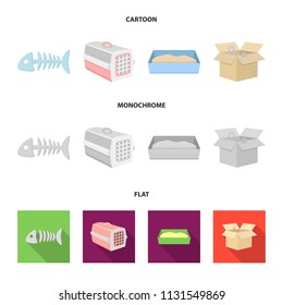Fish bone, container for an animal, cat toilet, cat in a box. Cat set collection icons in cartoon,flat,monochrome style vector symbol stock illustration web.