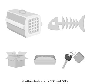 Fish bone, container for an animal, cat's toilet, cat in a box. Cat set collection icons in monochrome style vector symbol stock illustration web.