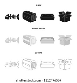 Fish bone, container for an animal, cat's toilet, cat in a box. Cat set collection icons in black,monochrome,outline style vector symbol stock illustration web.