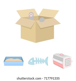 Fish bone, container for an animal, cat's toilet, cat in a box. Cat set collection icons in cartoon style vector symbol stock illustration web.
