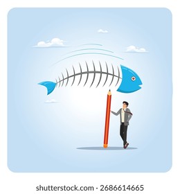 Fish bone diagram tool concept to analyze cause of problem. Businessman drawing fish bone diagram with pencil to analyze problem.