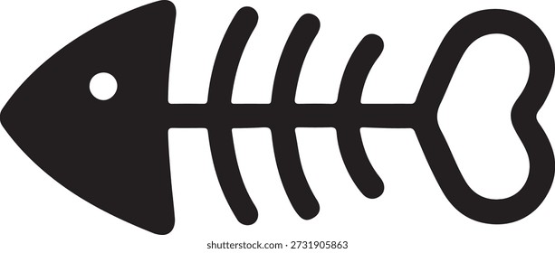 Fish Bone with Heart Tail Silhouette - Creative Love Fishing Icon and Minimalist Fish Skeleton Vector Illustration
