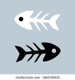 Fish bone icon. Black fishbone symbols on a white background. Vector illustrations in flat design. Fish bone or fishbone skeleton flat vector icon for wildlife apps and websites.