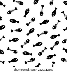 fish bone icon shark dolphin cartoon wallpaper seamless pattern background. black theme. fishbone pattern. pet food. fish pattern. black-white.cat pattern