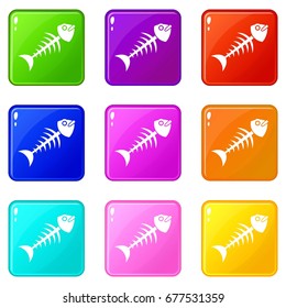 Fish bone icons of 9 color set isolated vector illustration
