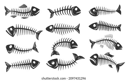 Fish bone icons. Fishbone isolated skeleton silhouettes. Vector black skulls and spines of salmon fish, monochrome symbols set for pirate, ecology or environment theme