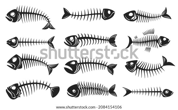 Fish\
bone icons, fishbone isolated skeleton vector silhouettes. Cartoon\
dead fish bones of spine tail and head skull of sea herring,\
barracuda or piranha, marine and nautical\
symbols