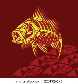 Fish bone icons, fishbone , north west native americans style fish jumping in the water - Fish skeleton - ferocious sea fish - red colour  