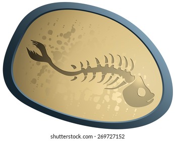 Fish Bone Imprint on a Glossy Stone, Vector Illustration isolated on White Background. 