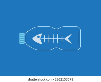 A fish bone inside a bottle in a blue background. Isolated Vector Illustration