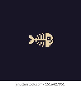 Fish bone pixel art icon, design for logo, sticker, mobile app, fish skeleton, isolated vector illustration on white background. Game assets 8-bit sprite.