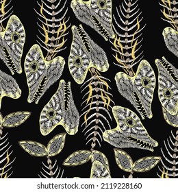 Fish bone seamless pattern. Gothic background. Dark fairy tale style. Halloween art. Fashion template for design of clothes, textile