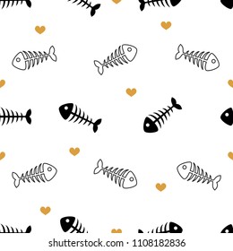 Fish bone seamless pattern vector illustration. Fish bones with gold hearts on white background.