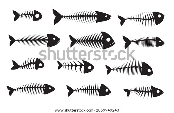 Fish bone
silhouette icons, black isolated fishbone vector skeletons. Dead
fish bones of herring, barracuda or piranha with head skull and
spine tail, marine and sea nautical
symbols
