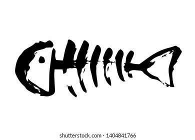 Fish bone skeleton hand painted with ink brush stroke, isolated on white background. Grunge vector illustration