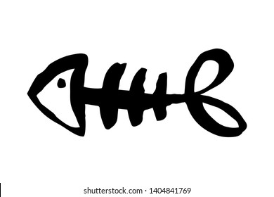 Fish bone skeleton hand painted with ink brush stroke, isolated on white background. Grunge vector illustration