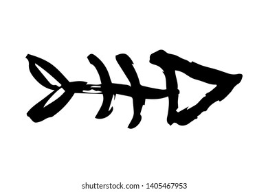 Fish bone skeleton hand painted with ink brush stroke, isolated on white background. Grunge vector illustration