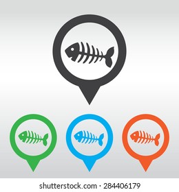 fish bone, fish skeleton. icon map pin.
