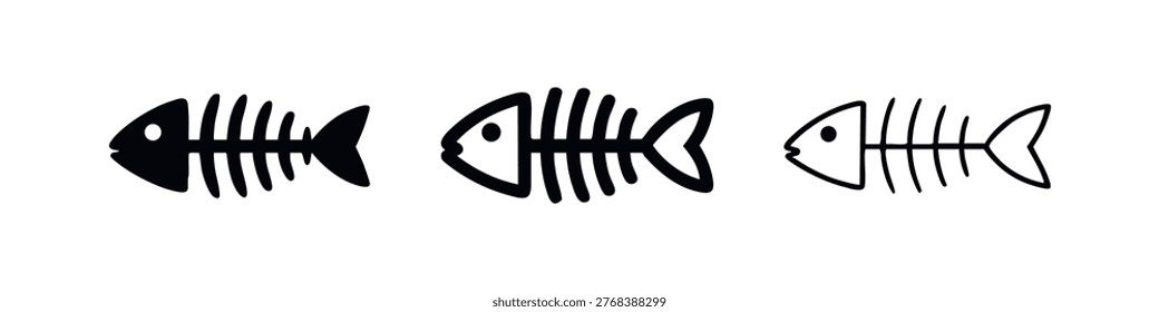 Fish bone skeleton icon set in three styles, representing seafood, death, or marine biology concept.