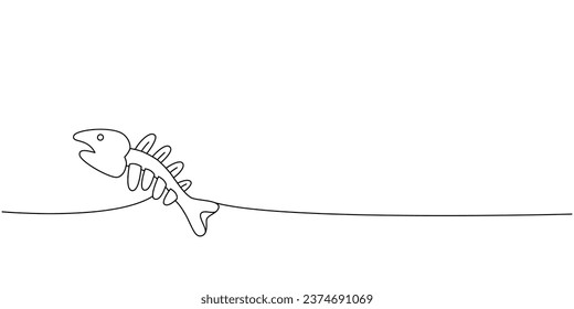 Fish bone skeleton one line continuous drawing. Animals accessories, pet toy supplies continuous one line illustration.
