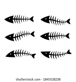 Fish bone or skeleton set vector illustration in a cartoon flat style isolated on white background. Fishbone silhouette with different form.