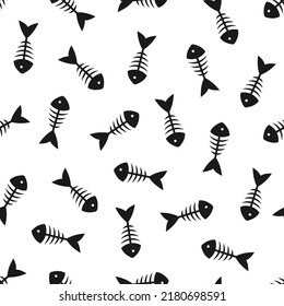 Fish Bone Skeleton Symbol Silhouette Seamless Pattern.