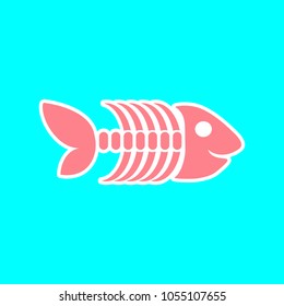 Fish boneicon. Fish skeleton illustration. Vector. Magenta icon with white sticker contour at sky blue background. Isolated.