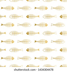 Fish bones golden pattern. Hand drawn textile design. Scandinavian style.