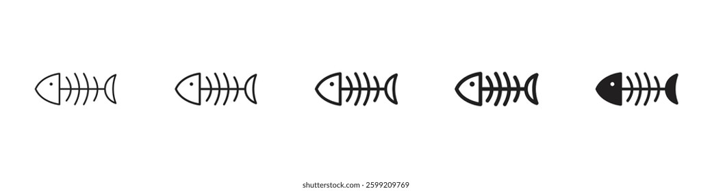 Fish bones icons in black outline, solid and colored style