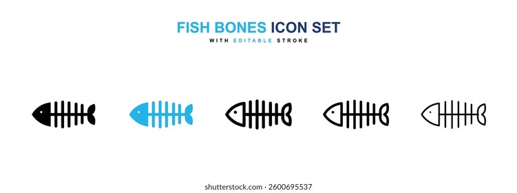 Fish bones icons graphics set in black and blue colors
