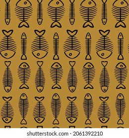 Fish bones pattern in black with mustard yellow background. Vector art print design. Great for kids and fun home decor projects. Surface pattern design.