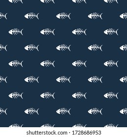 Fish bones Seamless pattern. Fish skeleton doodle, Hand drawn Cartoon Vector illustration.