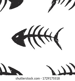 Fish bones Seamless pattern. Fish skeleton doodle, Hand drawn Cartoon Vector illustration.